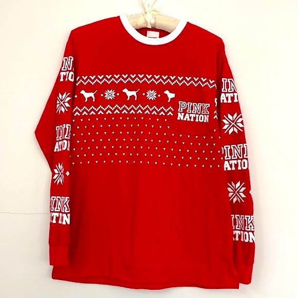 VS PINK Nation Holiday Long Sleeves Crewneck Tee, 100% Cotton, Size XS - Picture 1 of 9
